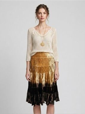 Marciano Velvet Ombre Midi Skirt Gold Brown Tiered XS Boho Whimsigoth